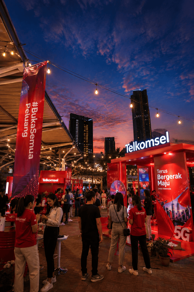 Telkomsel outdoor brand activation at dusk in Indonesia with experiential booth and visitors