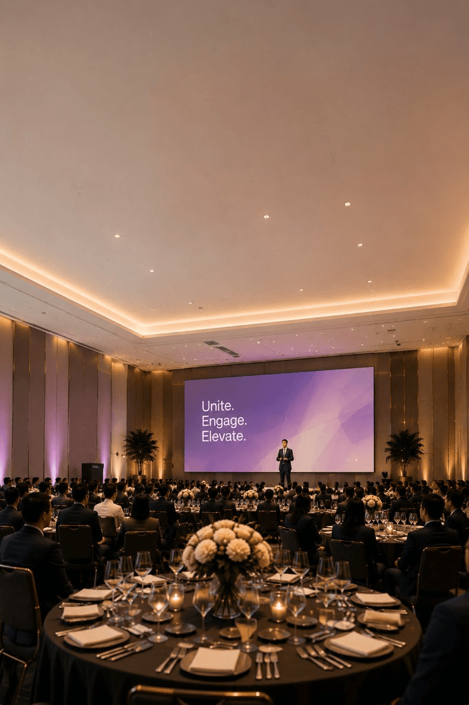 Corporate gala dinner with stage presentation and seated audience in a ballroom