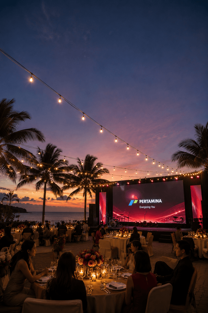 Outdoor seaside corporate gala dinner at sunset with candlelit tables and Pertamina stage in Indonesia