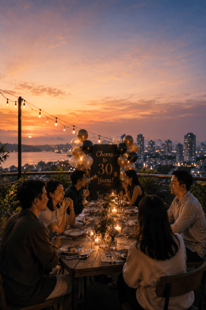Intimate rooftop dinner celebration at sunset with colleagues around a candlelit table