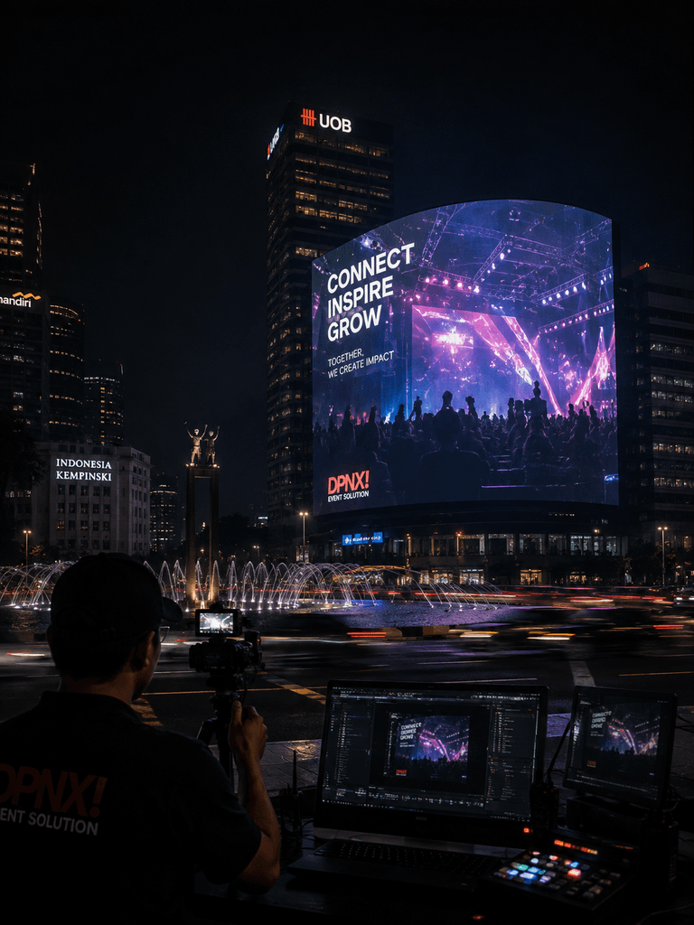 Digital billboard at Bundaran HI Jakarta at night playing DPNX-produced video content with production crew in foreground