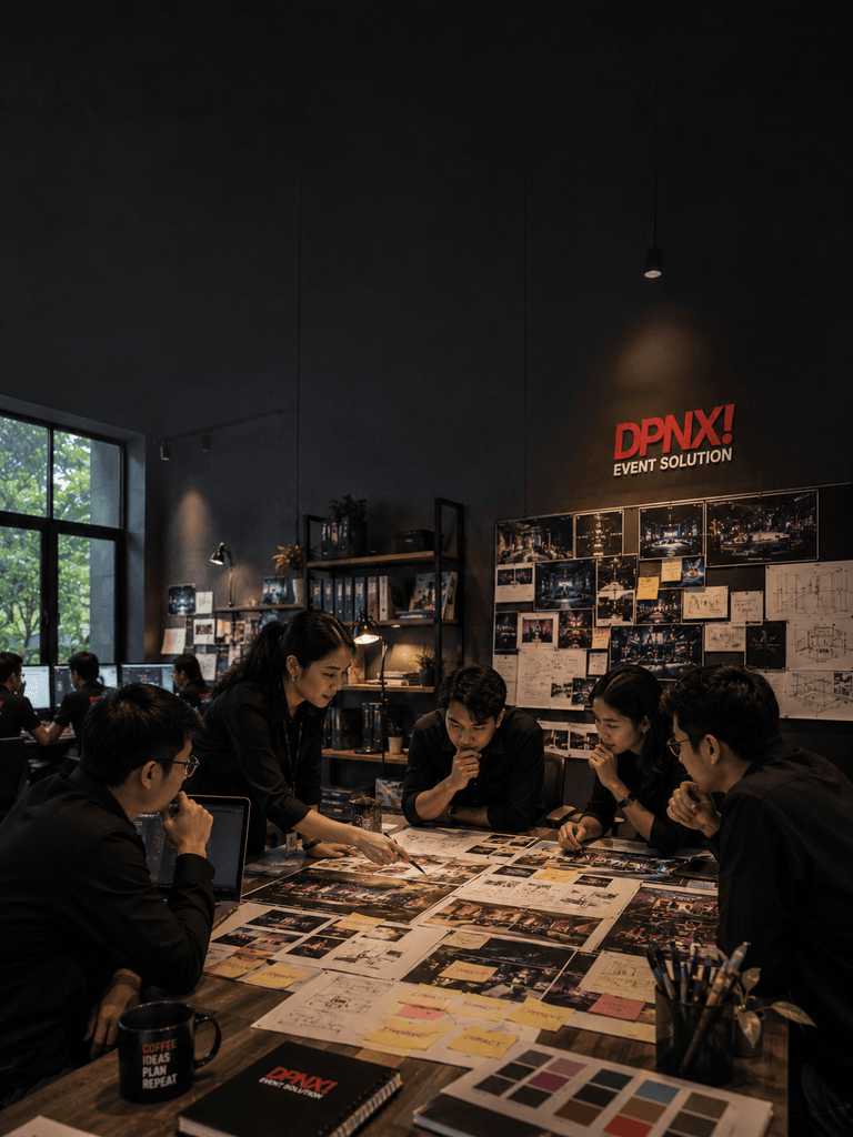 Creative design team developing event visual concepts around moodboards and stage sketches in DPNX studio