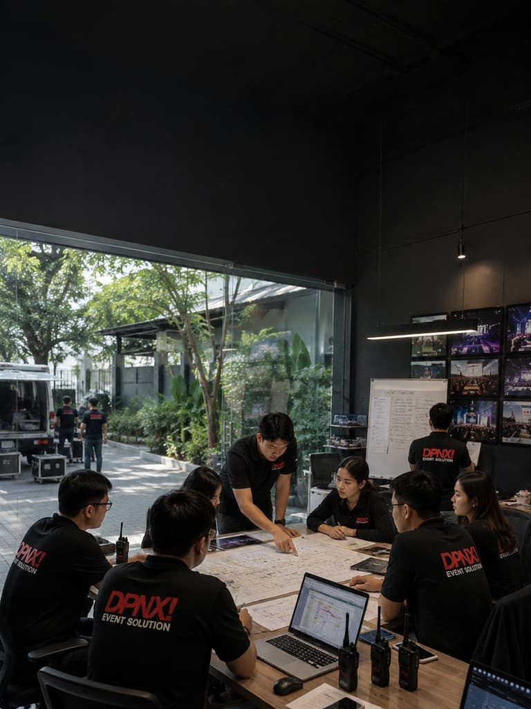 DPNX Event Solution team planning a corporate event with floor plans, laptops, and radios in the office