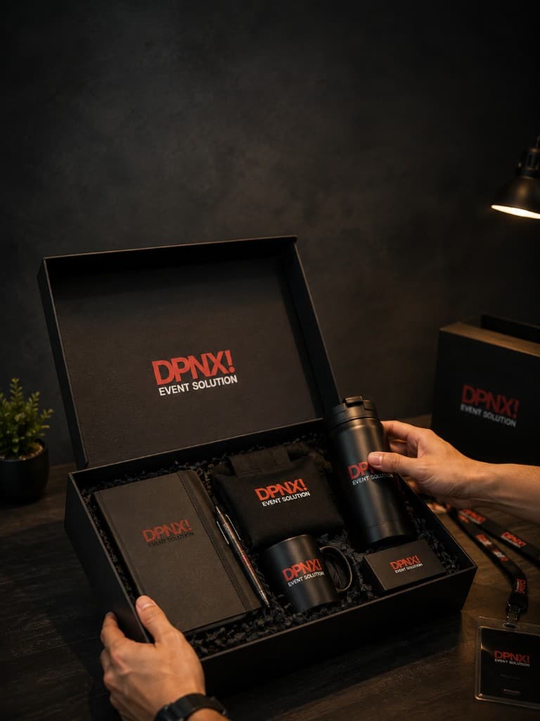 Premium corporate gift box with DPNX-branded merchandise being prepared on a studio table